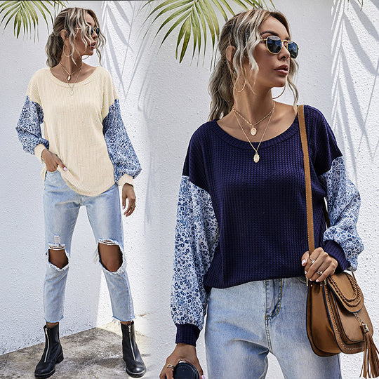 Damen Leichter Waffelstrick-Pullover mit floral gemusterten Balloonärmeln Shop Nory