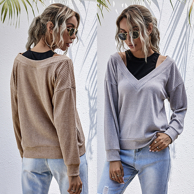 Damen Gerippter V‑Ausschnitt Strickpullover im Lagenlook mit Cut‑Out‑Schulter & überschnittener Passform Shop Nory