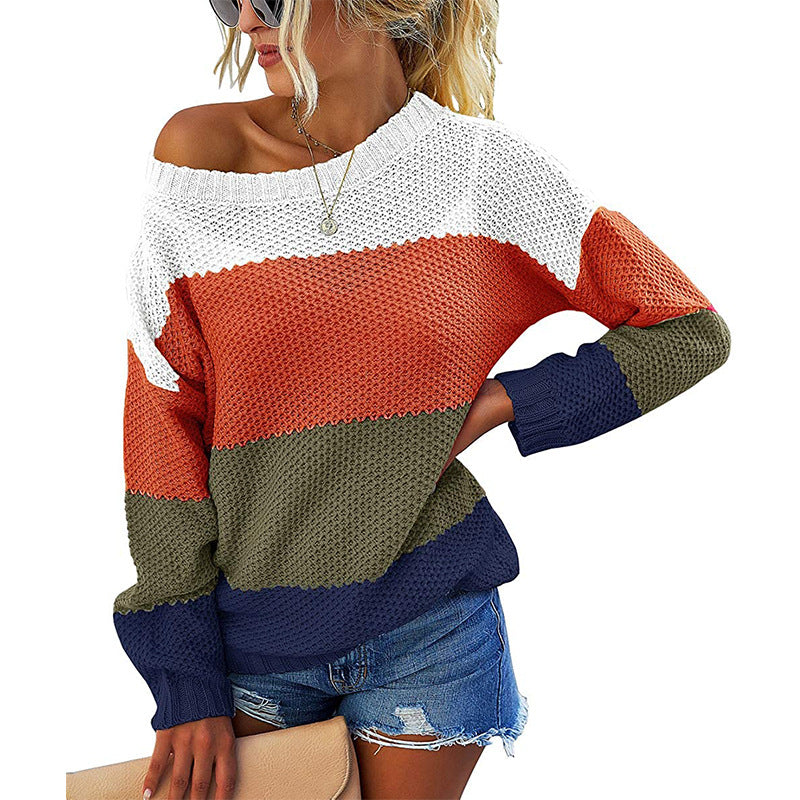 Damen Schulterfreier Blockstreifen-Strickpullover mit Waffelstruktur und Oversize-Schnitt Shop Nory