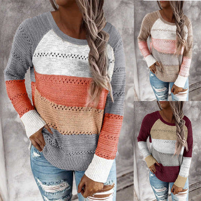 Damen Lässiger Strickpullover mit Ajour‑Muster, Colourblock‑Einsätzen und lockerer Passform Shop Nory