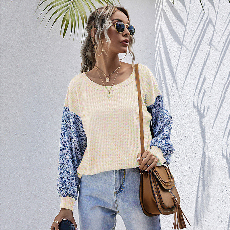 Damen Leichter Waffelstrick-Pullover mit floral gemusterten Balloonärmeln Shop Nory