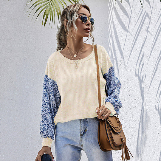 Damen Leichter Waffelstrick-Pullover mit floral gemusterten Balloonärmeln Shop Nory