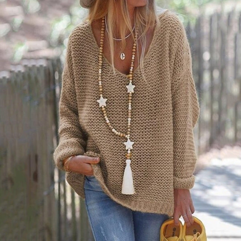 Damen lässiger Strickpullover mit tiefem V-Ausschnitt