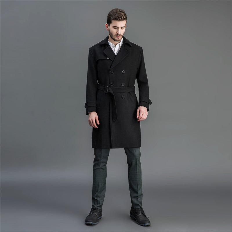 Herren Maxilanger Woll-Mantel im Trench-Look mit doppelreihiger Knopfleiste und Bindegürtel Shop Nory