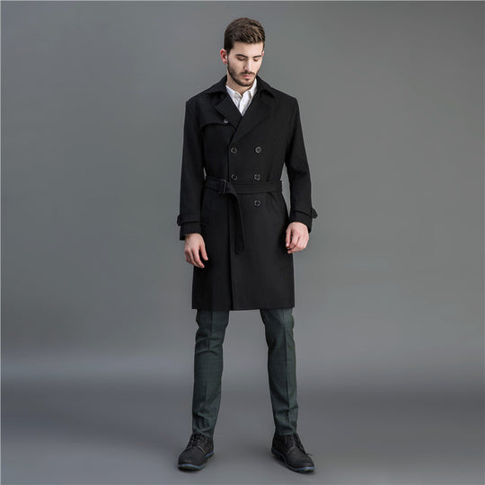Herren Maxilanger Woll-Mantel im Trench-Look mit doppelreihiger Knopfleiste und Bindegürtel Shop Nory