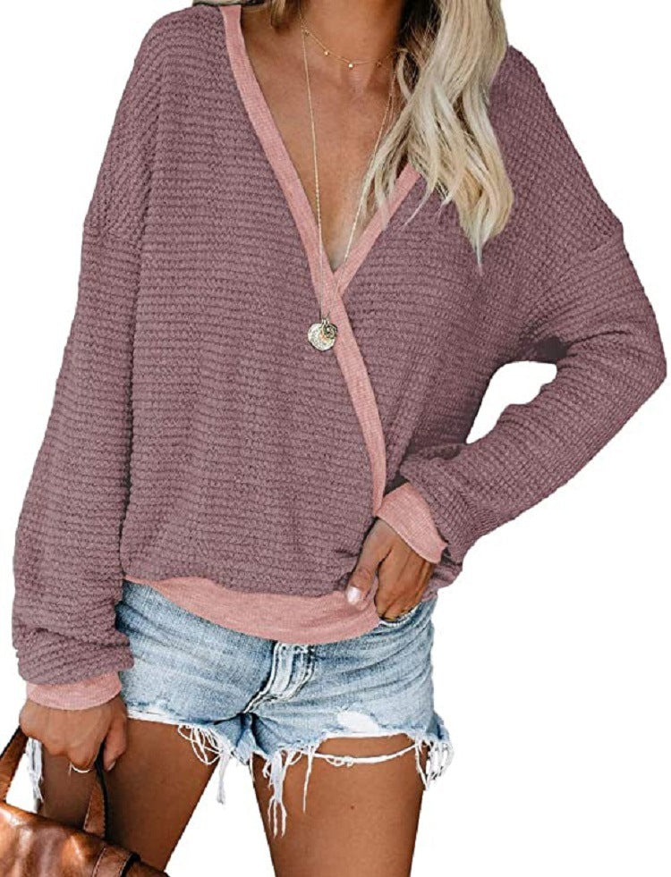 Damen Lockerer Waffelstrick-Pullover mit tiefem V-Ausschnitt und Lagen‑Look Shop Nory