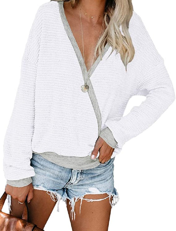 Damen Lockerer Waffelstrick-Pullover mit tiefem V-Ausschnitt und Lagen‑Look Shop Nory