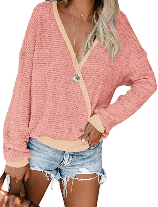 Damen Lockerer Waffelstrick-Pullover mit tiefem V-Ausschnitt und Lagen‑Look Shop Nory