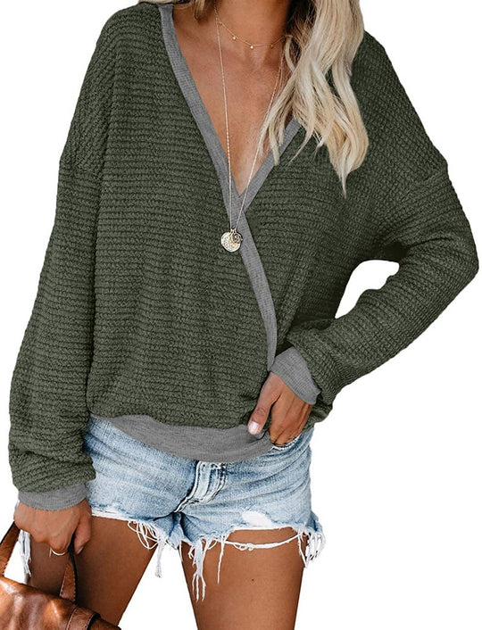 Damen Lockerer Waffelstrick-Pullover mit tiefem V-Ausschnitt und Lagen‑Look Shop Nory