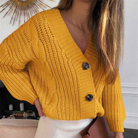 Damen Kurz geschnittener Grobstrick-Cardigan mit tiefem V-Ausschnitt, Zopfmuster und Oversize-Ärmeln Shop Nory
