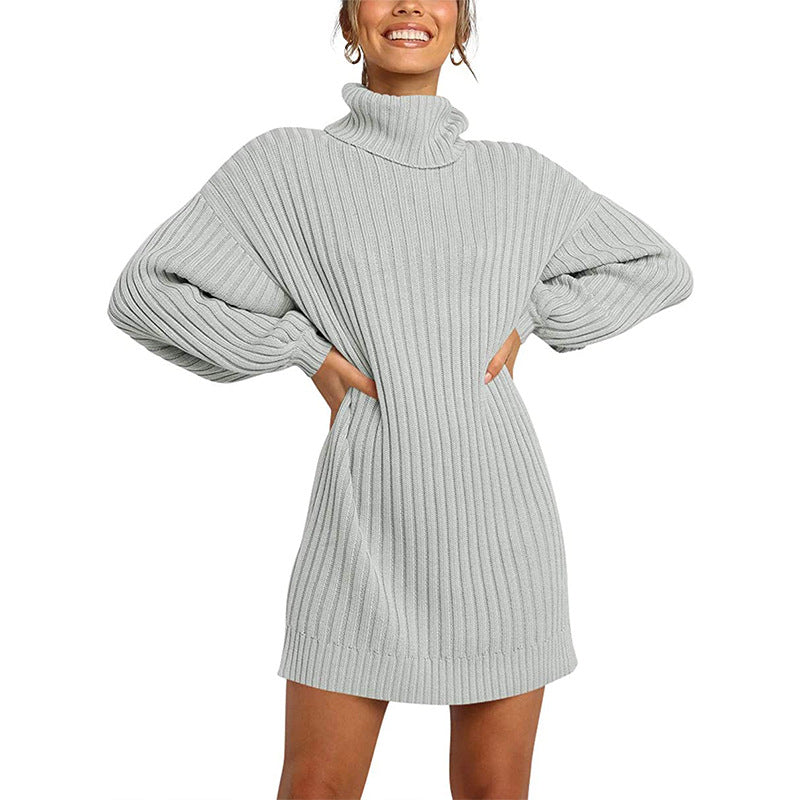 Damen Strickkleid mit hohem Kragen und weit geschnittenen Ärmeln