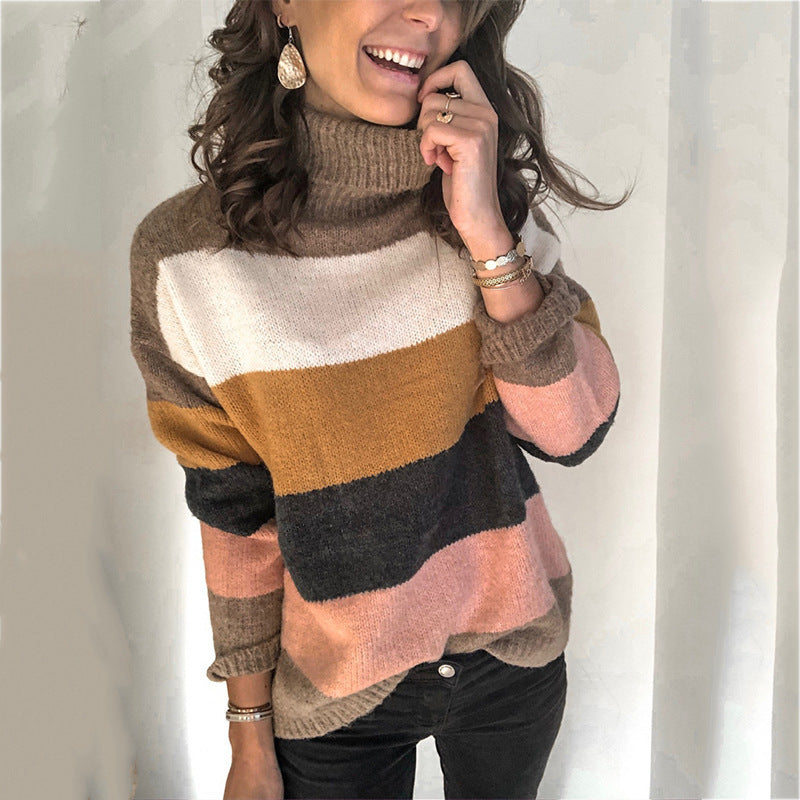 Damen Oversize-Blockstreifen-Rollkragenpullover aus fluffigem Strick Shop Nory