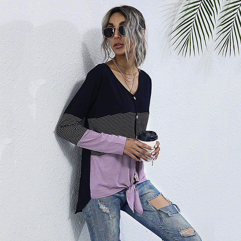 Damen Leichtes Colorblock-Longsleeve mit Knopfleiste & Knotenfront Shop Nory