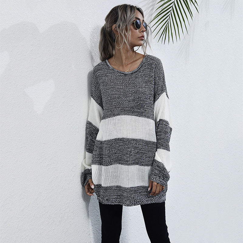 Damen Langer Oversize-Strickpullover mit breiten Blockstreifen und überschnittener Schulter Shop Nory