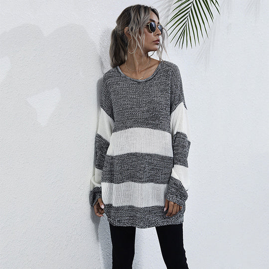 Damen Langer Oversize-Strickpullover mit breiten Blockstreifen und überschnittener Schulter Shop Nory