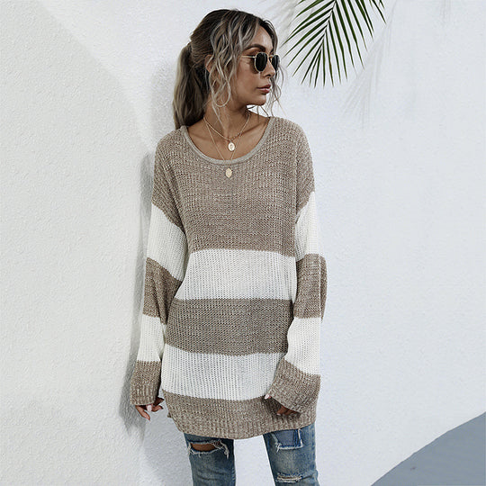 Damen Langer Oversize-Strickpullover mit breiten Blockstreifen und überschnittener Schulter Shop Nory