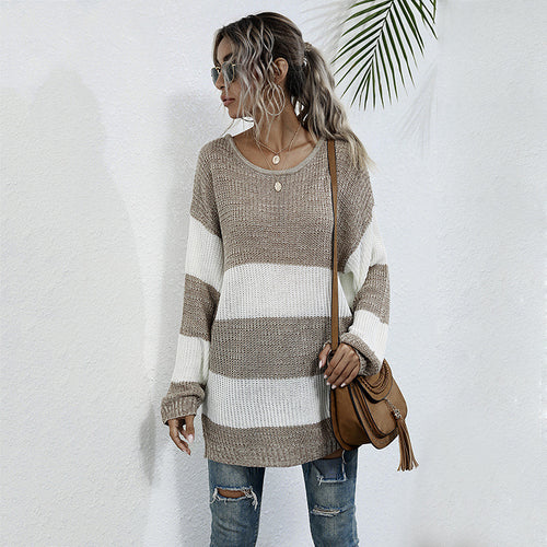 Damen Langer Oversize-Strickpullover mit breiten Blockstreifen und überschnittener Schulter Shop Nory