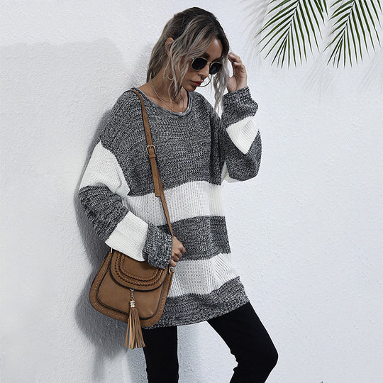 Damen Oversize Longpullover mit Blockstreifen und Rundhalsausschnitt Shop Nory