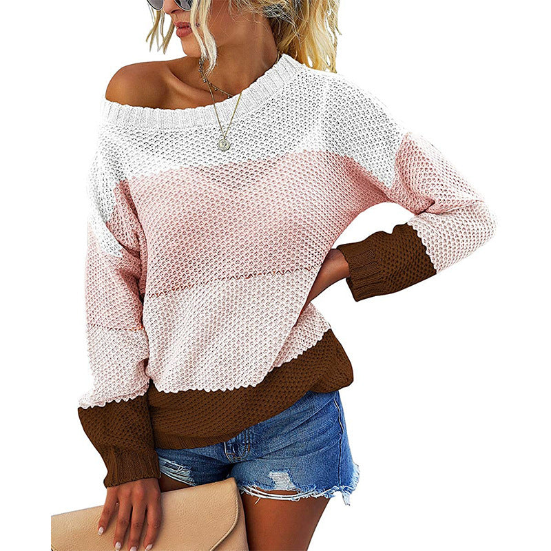 Damen Schulterfreier Blockstreifen-Strickpullover mit Waffelstruktur und Oversize-Schnitt Shop Nory