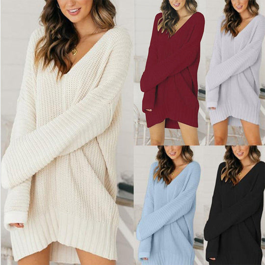 Damen Grobstrick Pulloverkleid mit V-Ausschnitt und lässigem Schnitt