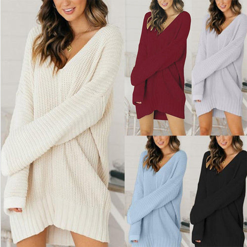 Damen Grobstrick Pulloverkleid mit V-Ausschnitt und lässigem Schnitt