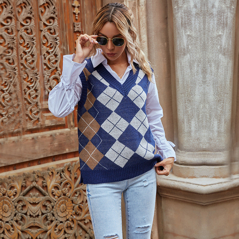 Damen Ärmellose Argyle-Strickweste mit V-Ausschnitt und Retro-Rautenmuster Shop Nory