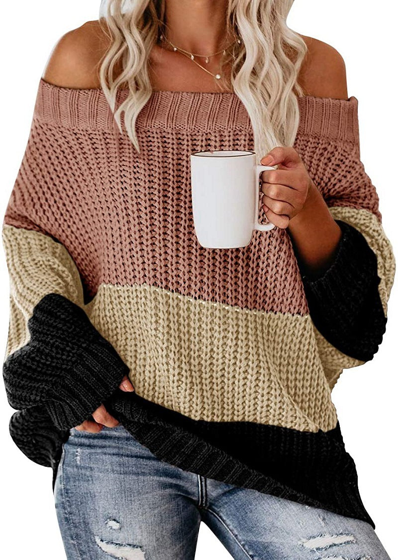 Damen Schulterfreier Oversize Blockstreifen Strickpullover Shop Nory