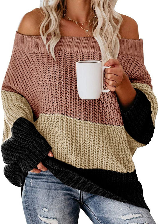 Damen Schulterfreier Oversize Blockstreifen Strickpullover Shop Nory