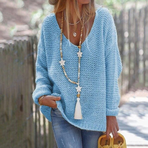 Damen lässiger Strickpullover mit tiefem V-Ausschnitt