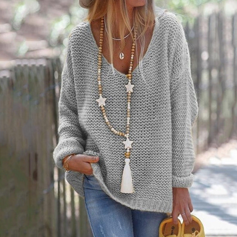 Damen lässiger Strickpullover mit tiefem V-Ausschnitt