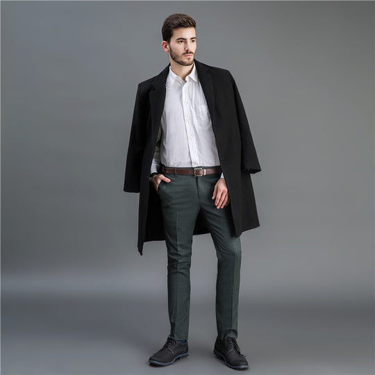Herren Zeitloser langer Wollmantel mit schmalem Revers und Zweiknopf‑Verschluss Shop Nory