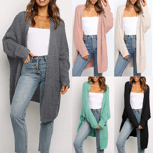 Damen Langer Offener Grobstrick-Cardigan im Cocoon-Schnitt mit Eingrifftaschen Shop Nory