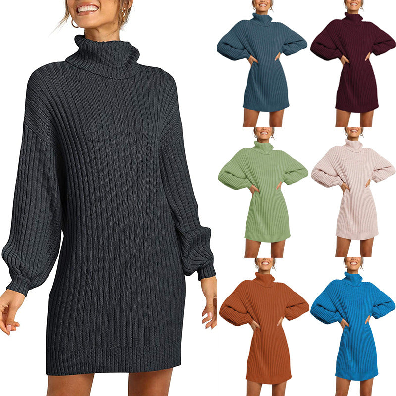 Damen Strickkleid mit hohem Kragen und weit geschnittenen Ärmeln