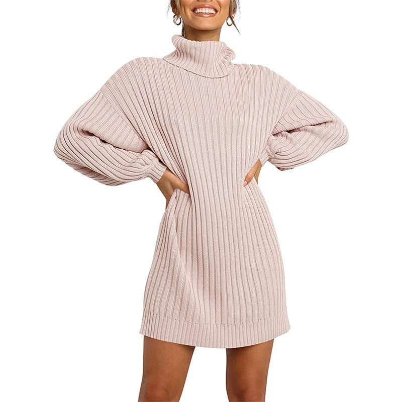 Damen Strickkleid mit hohem Kragen und weit geschnittenen Ärmeln