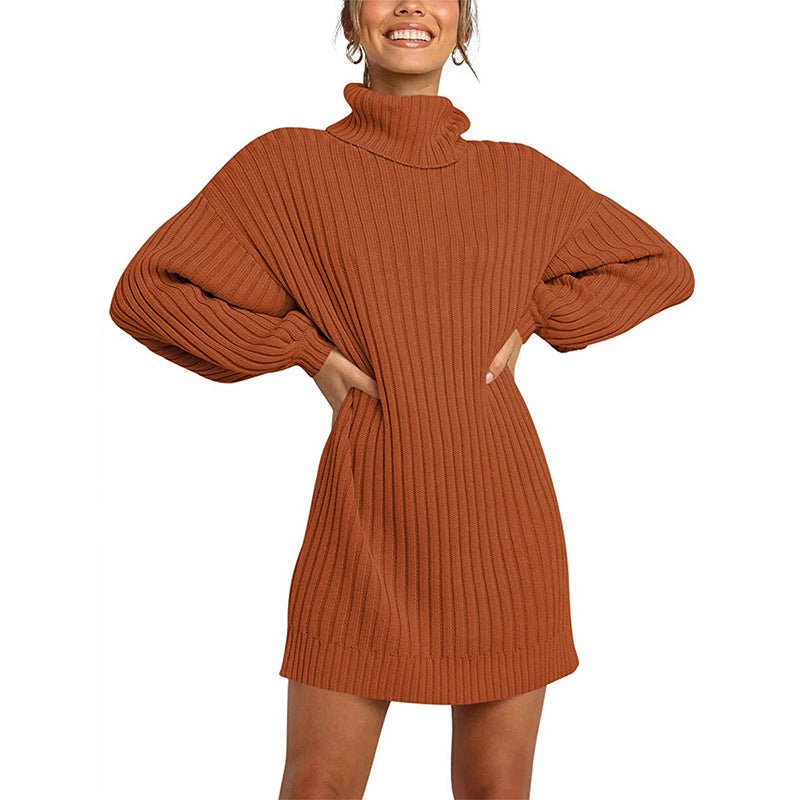 Damen Strickkleid mit hohem Kragen und weit geschnittenen Ärmeln
