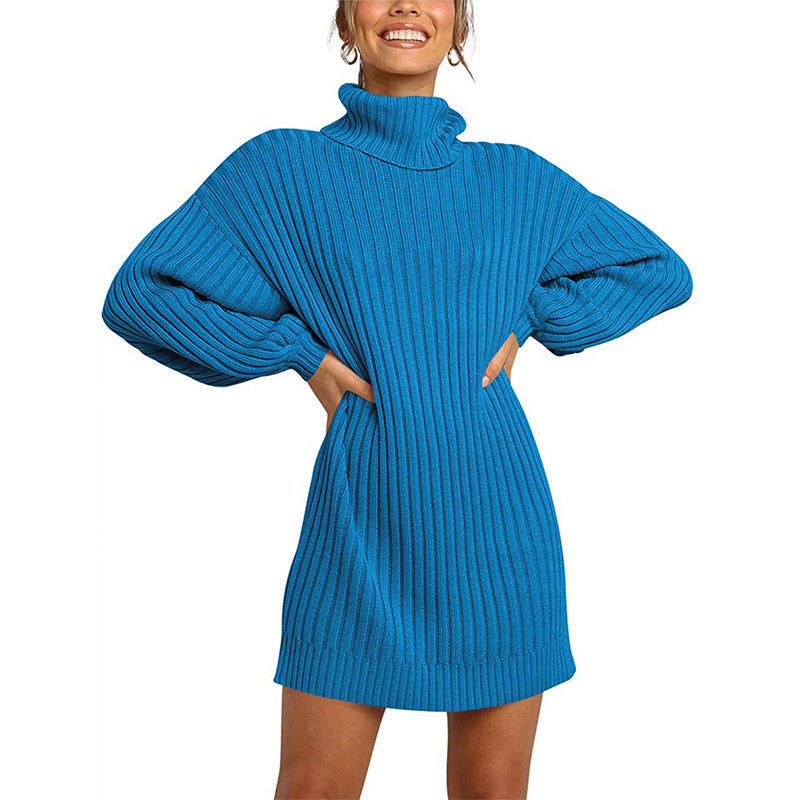 Damen Strickkleid mit hohem Kragen und weit geschnittenen Ärmeln