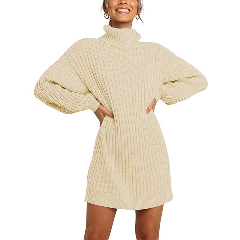 Damen Strickkleid mit hohem Kragen und weit geschnittenen Ärmeln