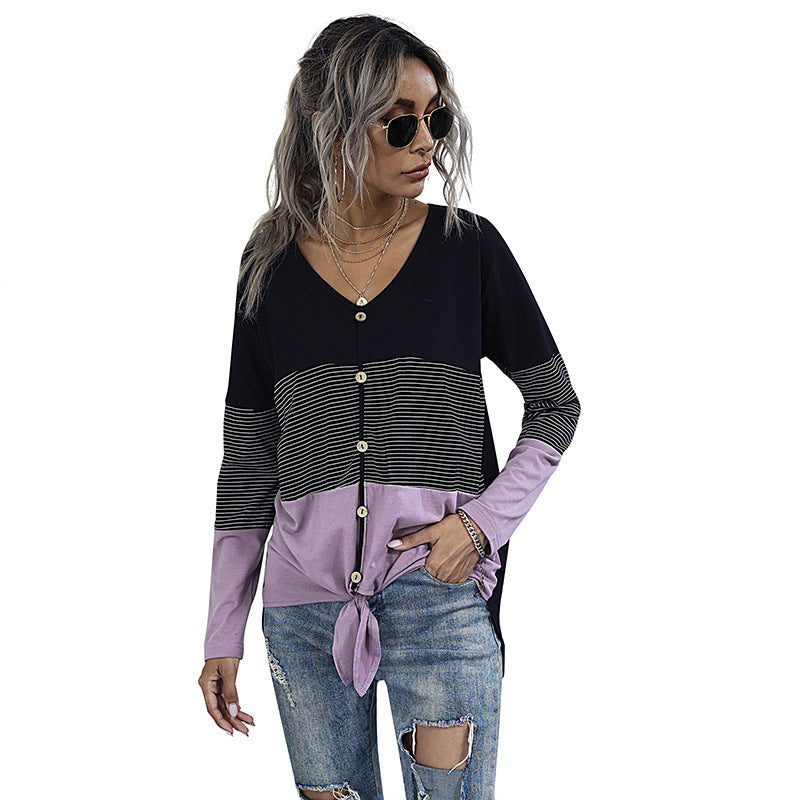 Damen Leichtes Colorblock-Longsleeve mit Knopfleiste & Knotenfront Shop Nory