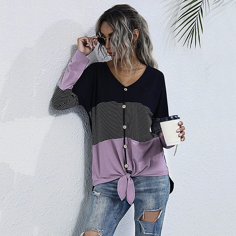 Damen Leichtes Colorblock-Longsleeve mit Knopfleiste & Knotenfront Shop Nory