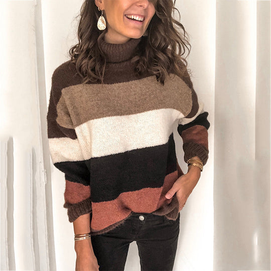 Damen Oversize-Blockstreifen-Rollkragenpullover aus fluffigem Strick Shop Nory