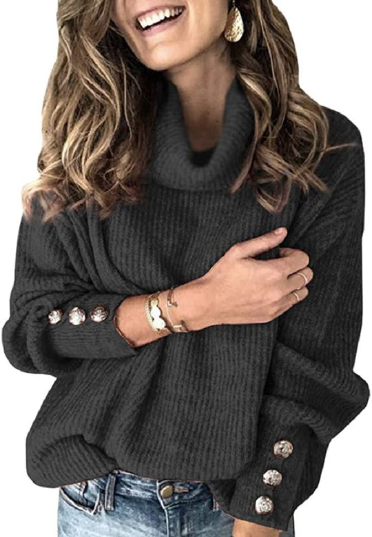 Damen Oversize-Rollkragenpullover mit Rippstruktur und Zierknopfleiste Shop Nory