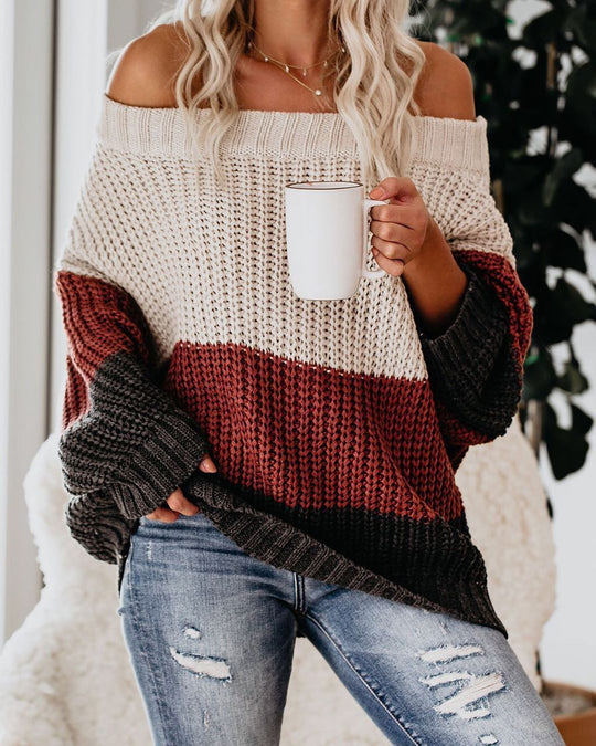 Damen Schulterfreier Oversize Blockstreifen Strickpullover Shop Nory
