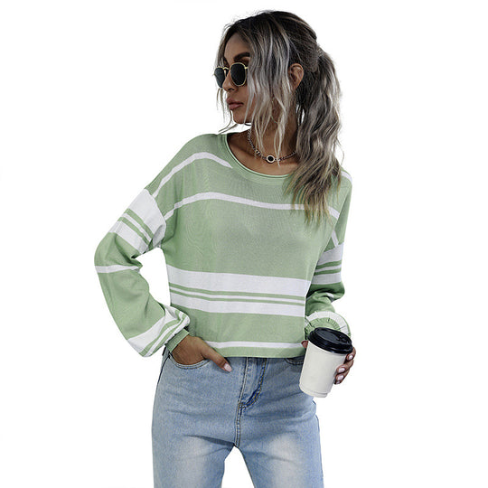 Damen Gestreifter Cropped-Feinstrickpullover mit weitem Raglanärmel Shop Nory