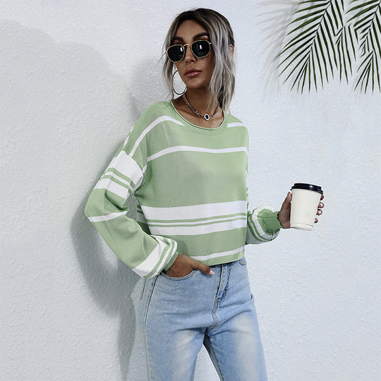 Damen Gestreifter Cropped-Feinstrickpullover mit weitem Raglanärmel Shop Nory