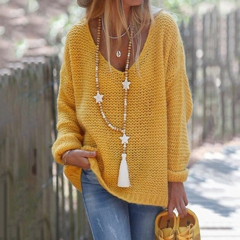 Damen lässiger Strickpullover mit tiefem V-Ausschnitt