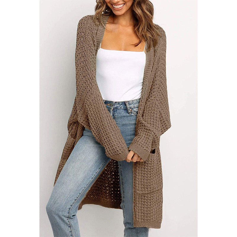 Damen Langer Offener Grobstrick-Cardigan im Cocoon-Schnitt mit Eingrifftaschen Shop Nory