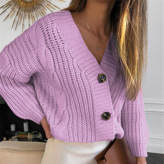 Damen Kurz geschnittener Grobstrick-Cardigan mit tiefem V-Ausschnitt, Zopfmuster und Oversize-Ärmeln Shop Nory
