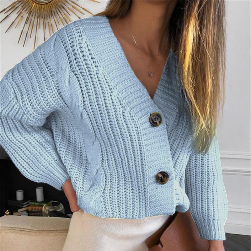 Damen Kurz geschnittener Grobstrick-Cardigan mit tiefem V-Ausschnitt, Zopfmuster und Oversize-Ärmeln Shop Nory