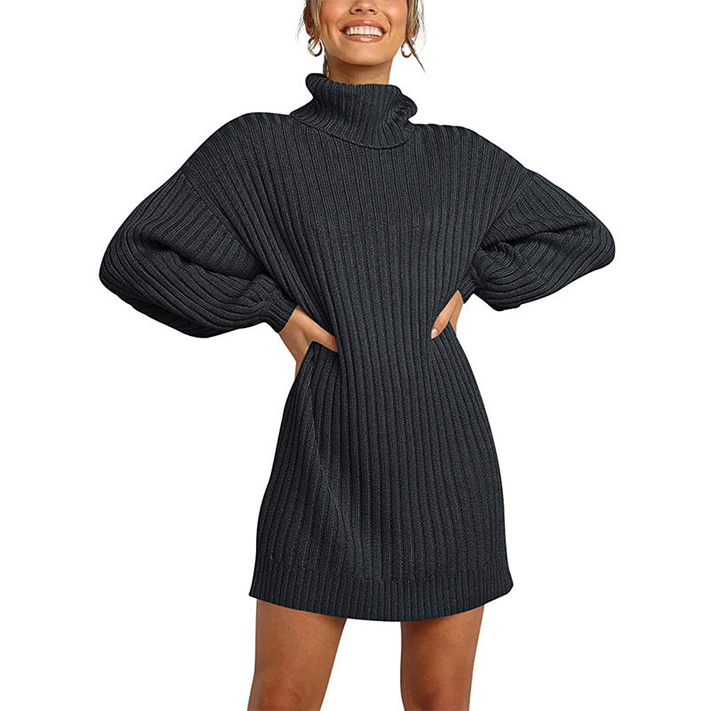 Damen Strickkleid mit hohem Kragen und weit geschnittenen Ärmeln