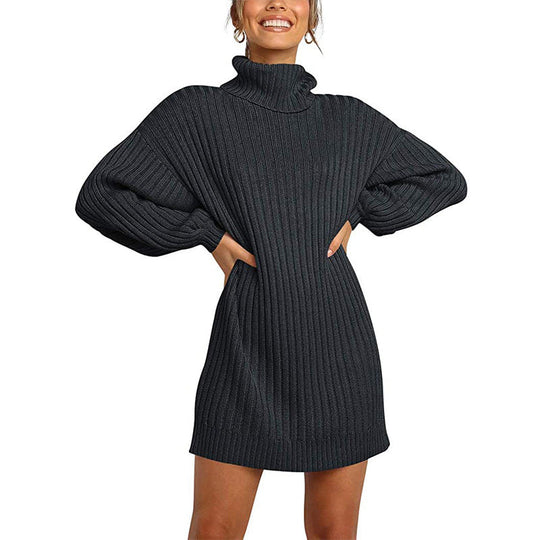 Damen Strickkleid mit hohem Kragen und weit geschnittenen Ärmeln
